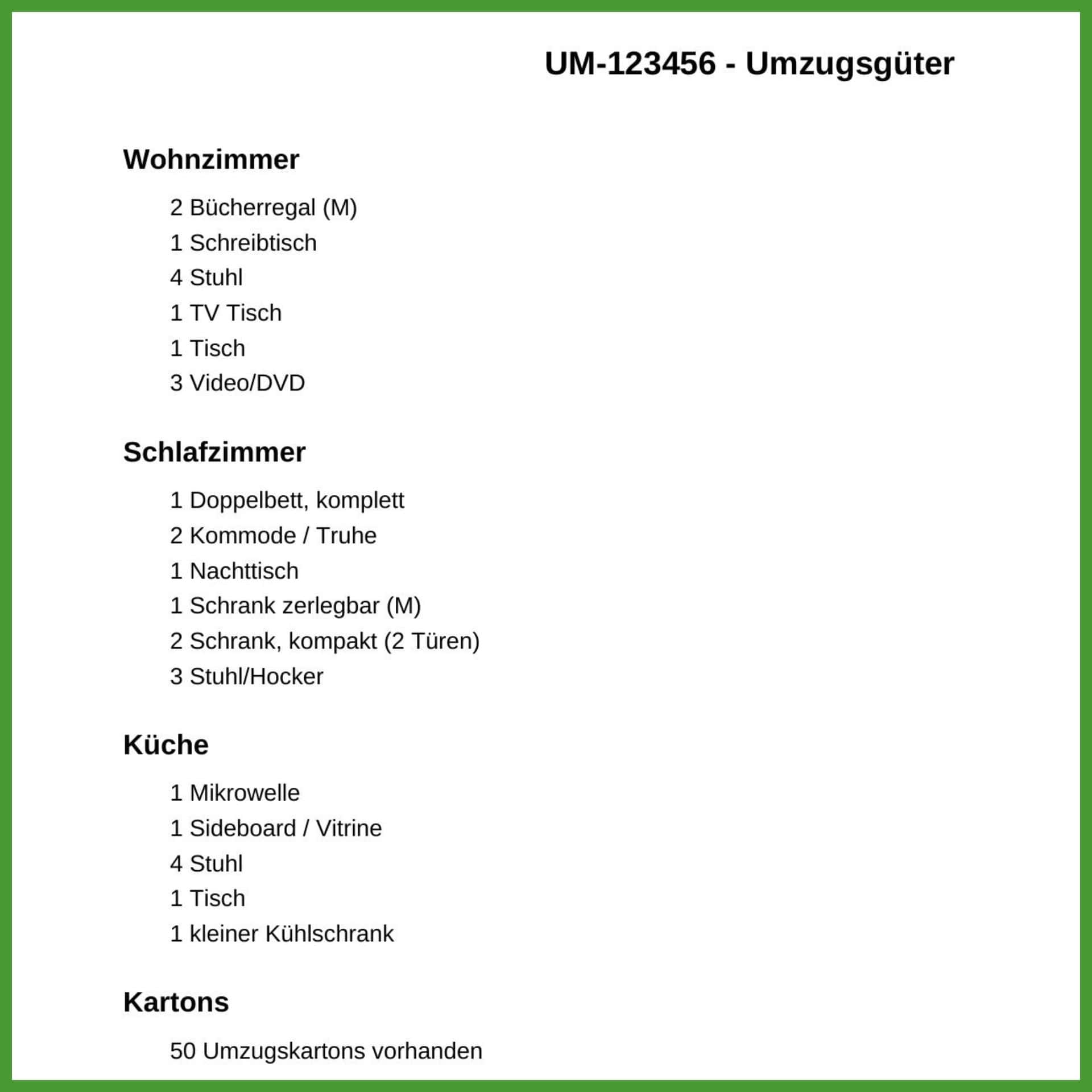 umzugsliste für umzugsunternehmen