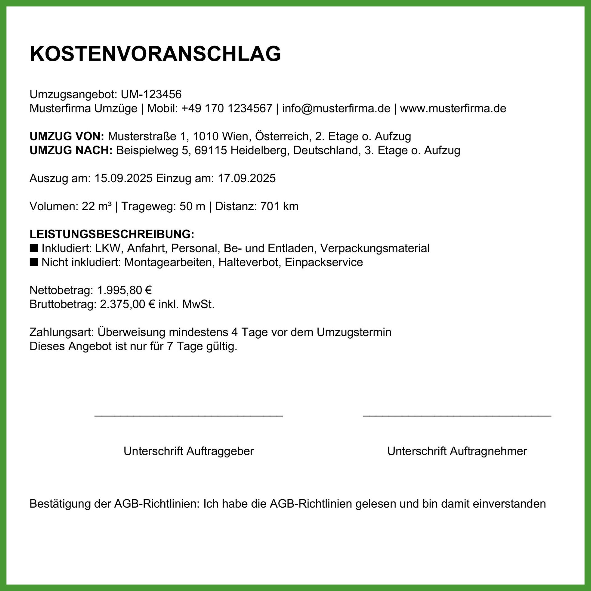 umzugsunternehmen auf rechnung